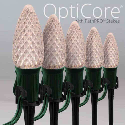 Warm white C9 OptiCore pathway lights on stakes